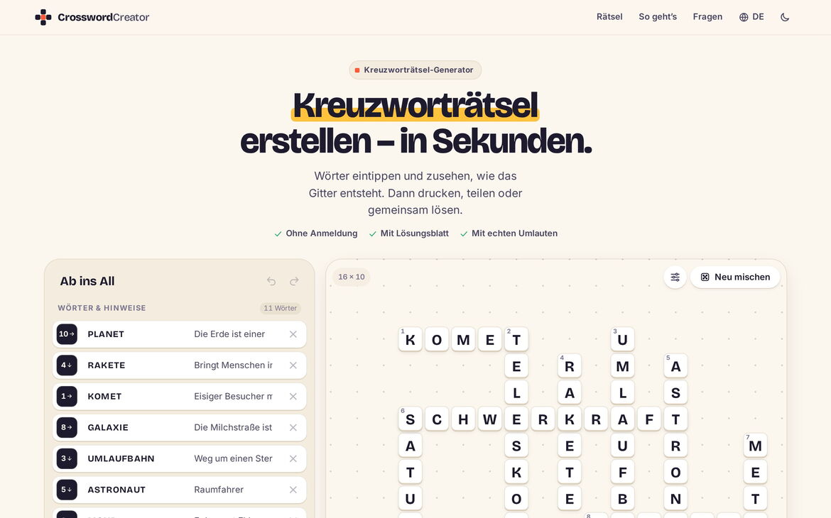 Screenshot der Webseite crosswordcreator.org