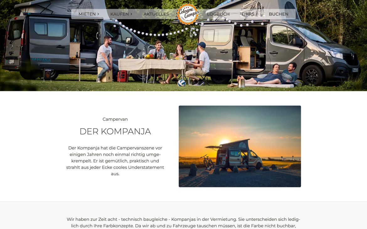 Fahrzeugseite „Der Kompanja" auf colognecamper.com mit Bildern und Beschreibung des Campervans