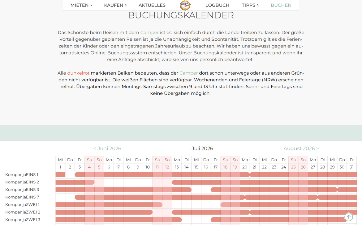 Online-Buchungskalender von colognecamper.com – Verfügbarkeit aller Camper und Caravans auf einen Blick