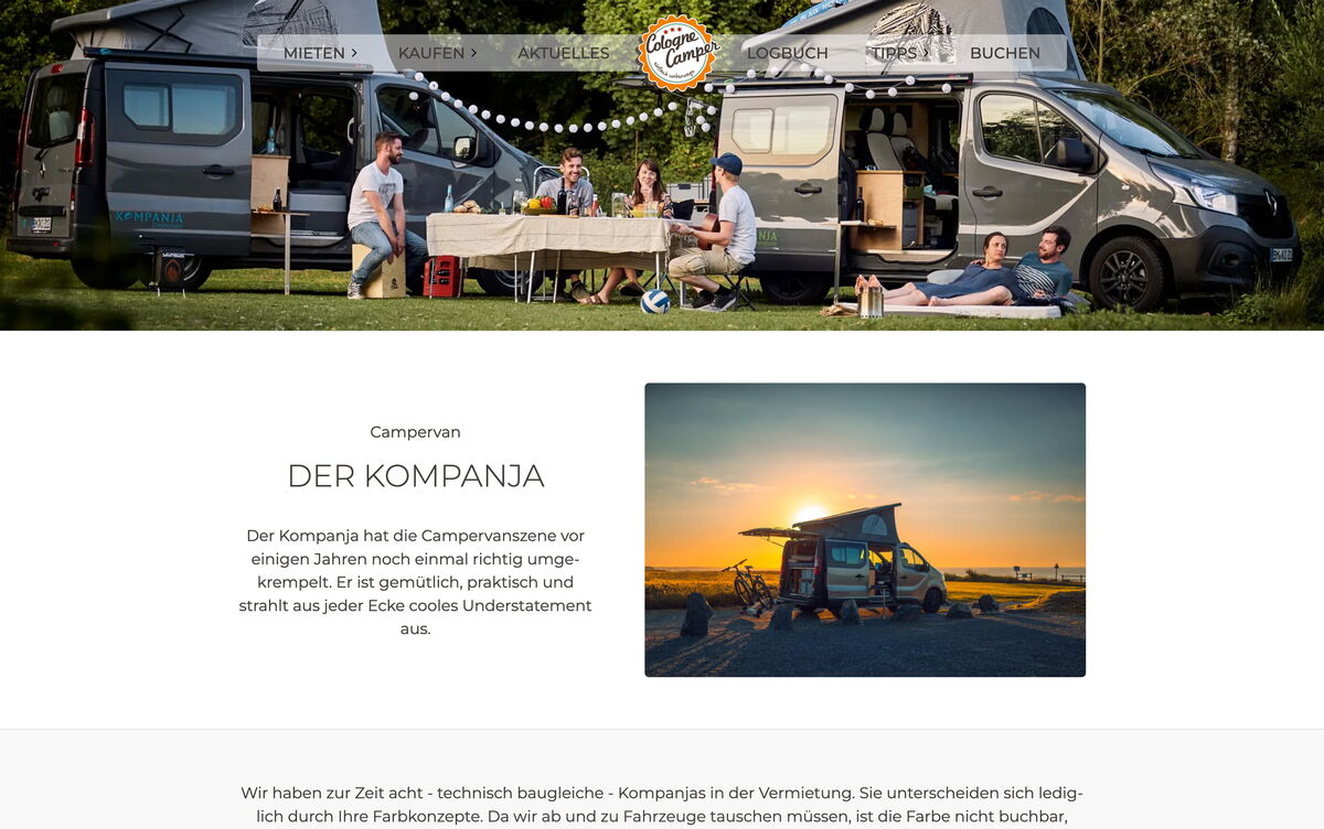Fahrzeugseite „Der Kompanja" auf colognecamper.com mit Bildern und Beschreibung des Campervans