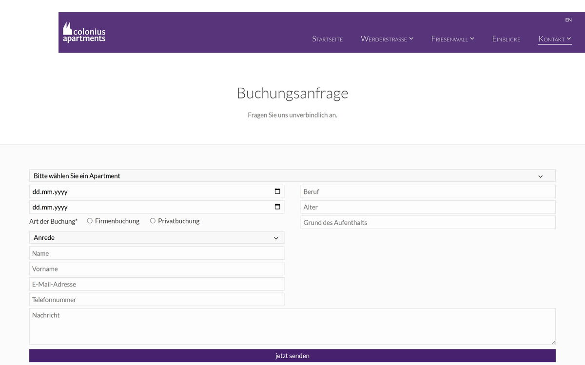 Buchungsanfrage auf colonius-apartments.com