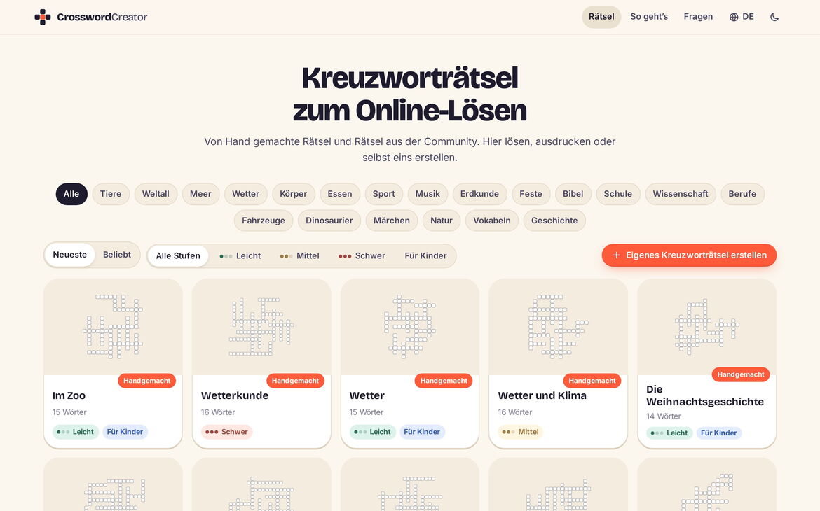Screenshot der Webseite crosswordcreator.org