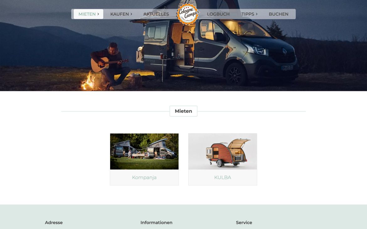 Mietübersicht auf colognecamper.com – Auswahl zwischen Kompanja-Campervan und Kulba mini Caravan