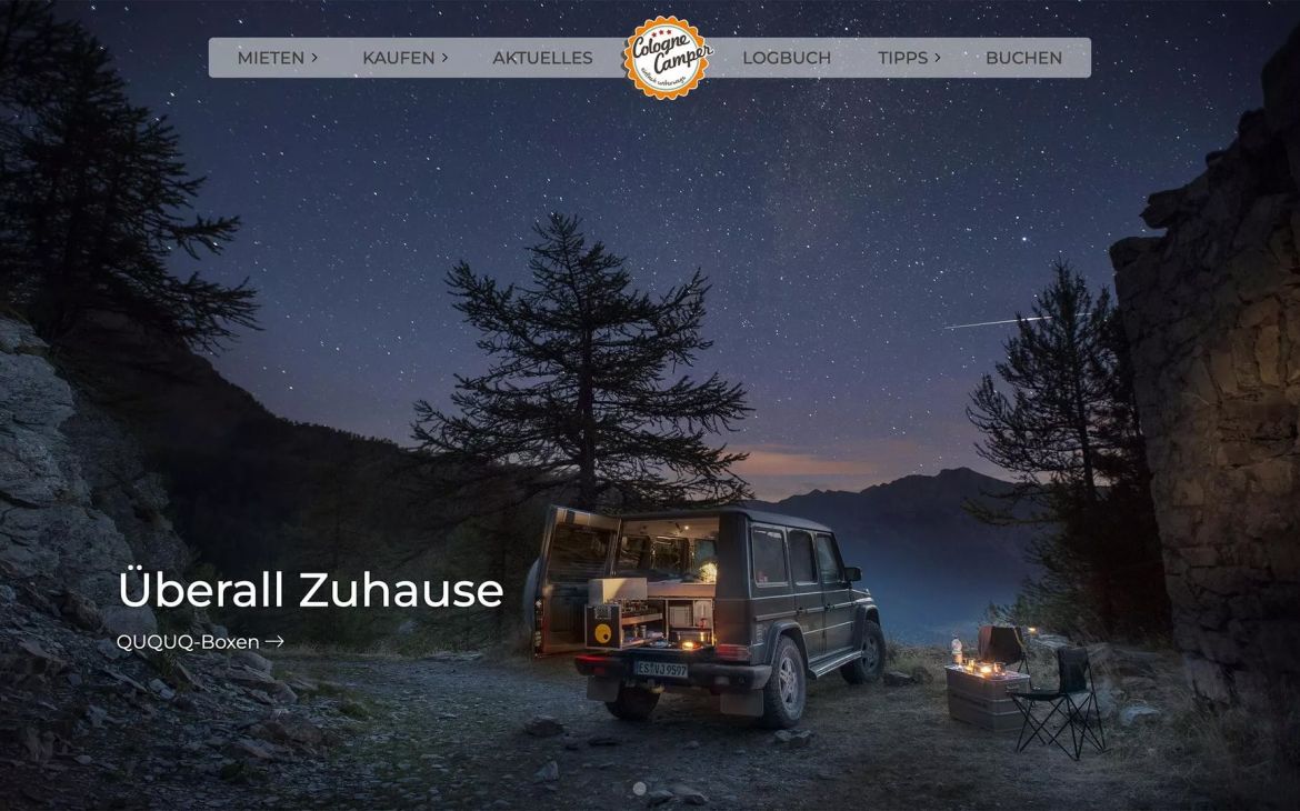 Startseite von colognecamper.com bei Nacht – Kompanja-Campervan unter dem Sternenhimmel